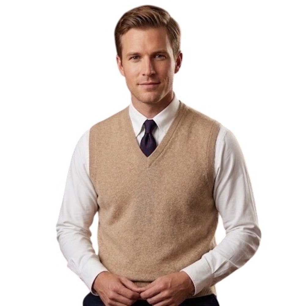 Brooks Brothers Mens 100% Pure Cashmere V-Neck Sweater Vest Tan Scotland 40
